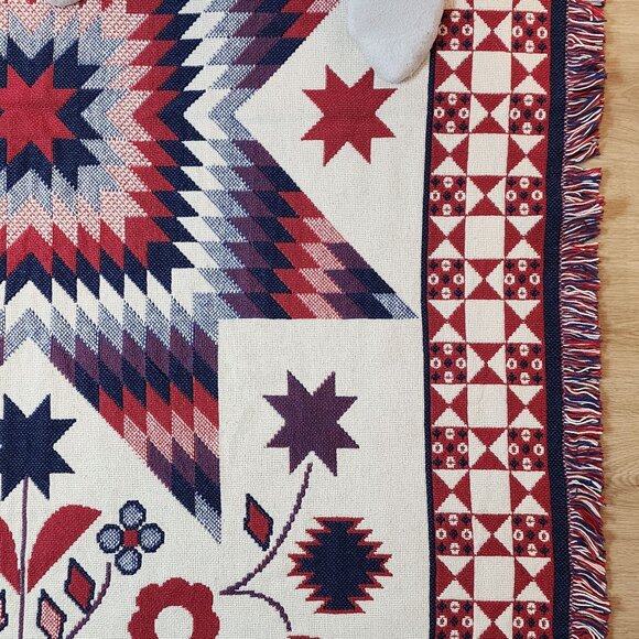 Woven Blanket Wall Hanging Patriotic Red White Blue Fringed Flowers Patchwork - Picture 9 of 14